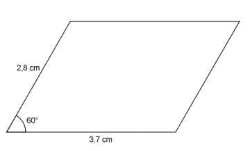 Parallellogram med grunnlinje på 3,7 cm. Høyden er den lengste kateten i en rettvinklet trekant med hypotenus på 2,8 cm. Den ene vinkelen i trekanten er på 60 grader.